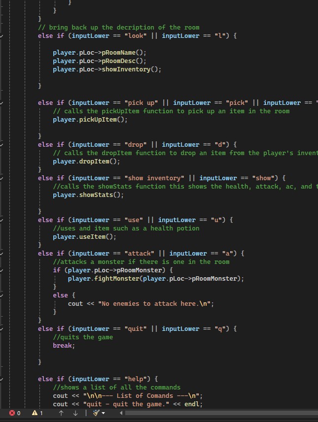 the Second image of code for the main.cpp file of the zork project which shows the end of the code for the main.cpp file